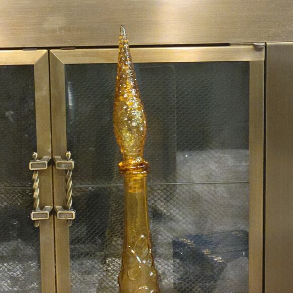 Vintage Amber Genie Bottle, Tall Decanter, Floral & Leaf Imprints - Picture 2 of 9